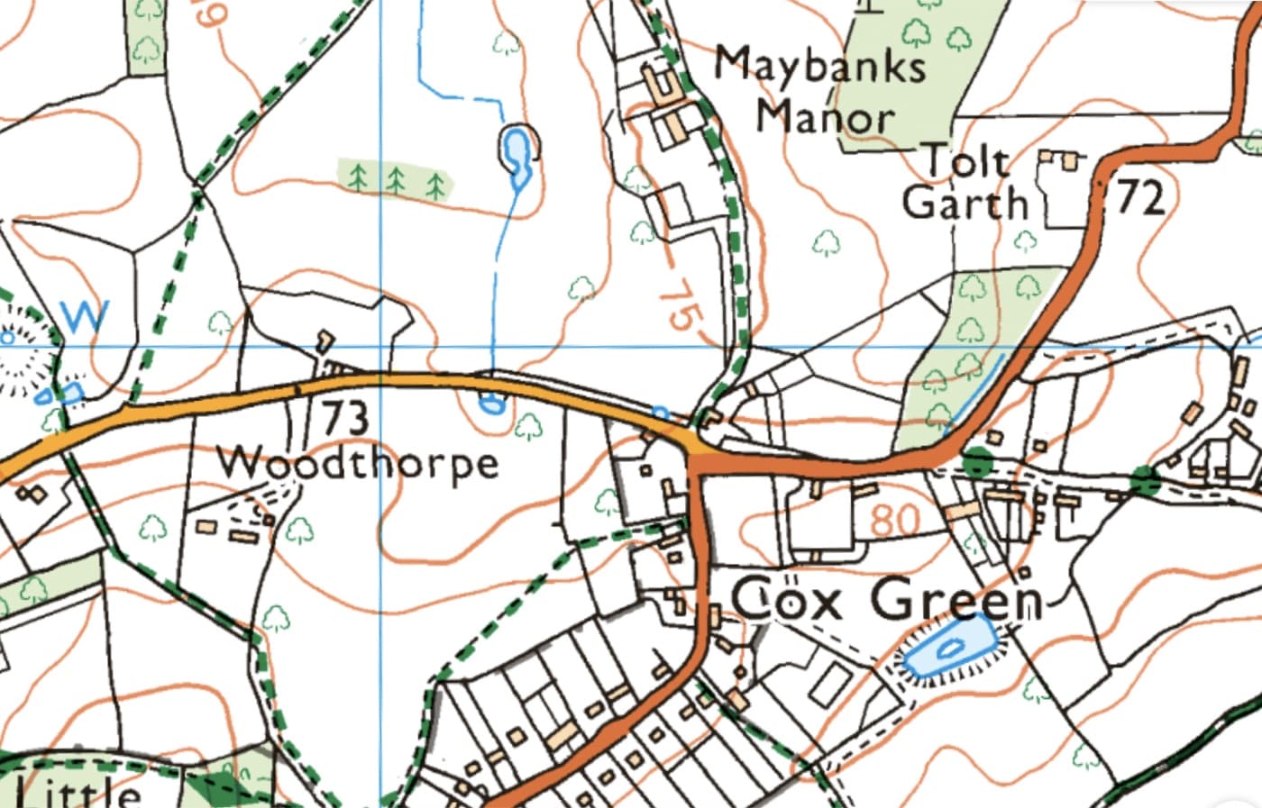 Ordnance Survey map showing Cox Green, Woodthorpe and Maybanks Manor, with lanes, contours and public rights of way marked in green